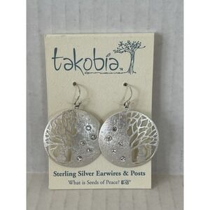 Takobia Tree of Life Cat Earrings Silver Tone Crystal Sterling Earwires NWT